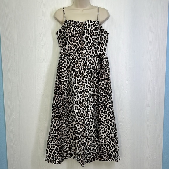 H&M - Linen Blend Cheetah Print Button Down Spaghetti Strap Lined Midi Dress M - Picture 2 of 11